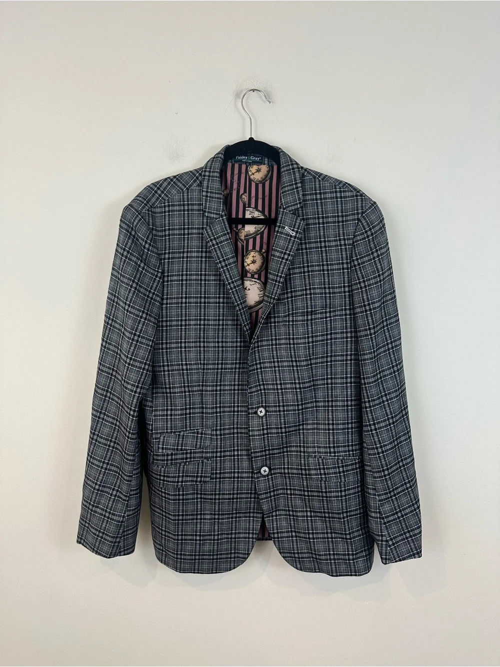 Paisley & Gray Dover Notch Slim Fit Jacket Men's Gray Plaid Abstract Interior 44